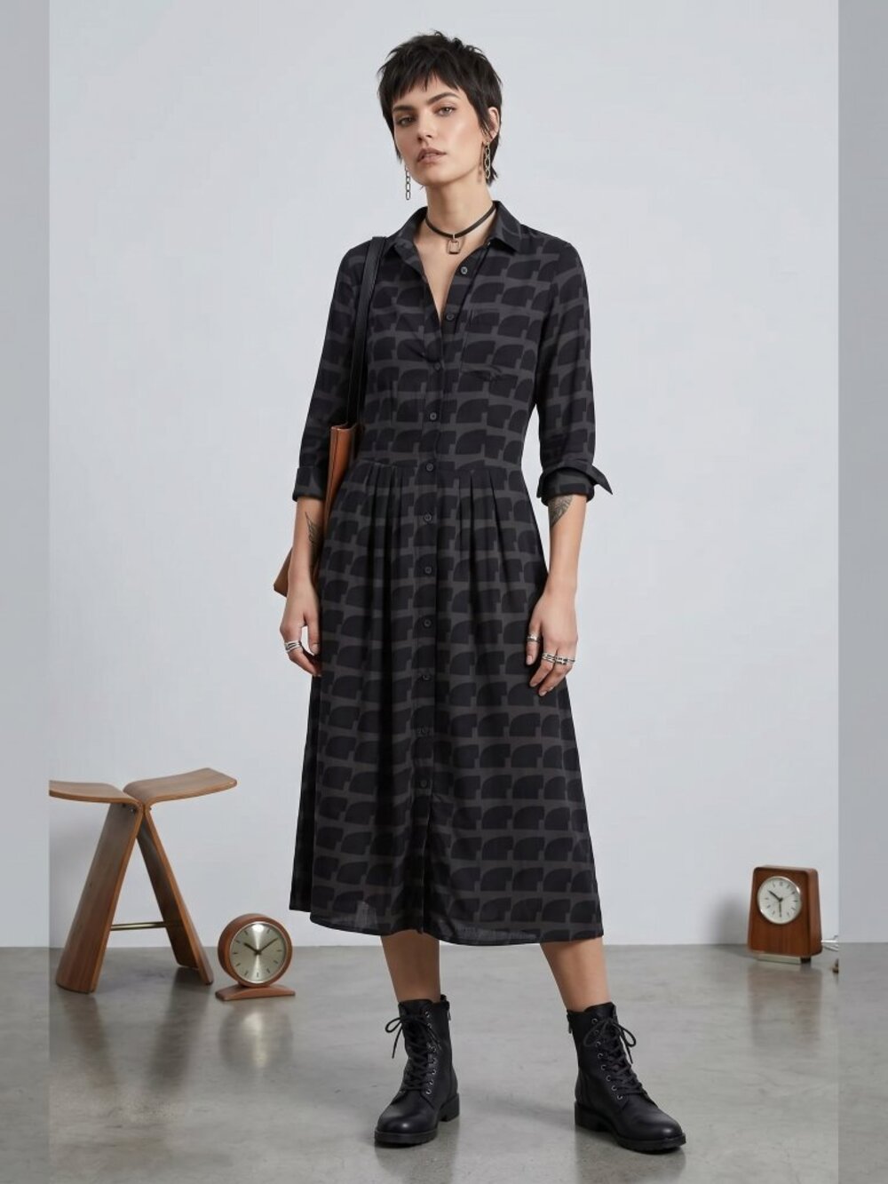 Bel Kazan Black & Gray Geometric Print midi dress $298 Msrp